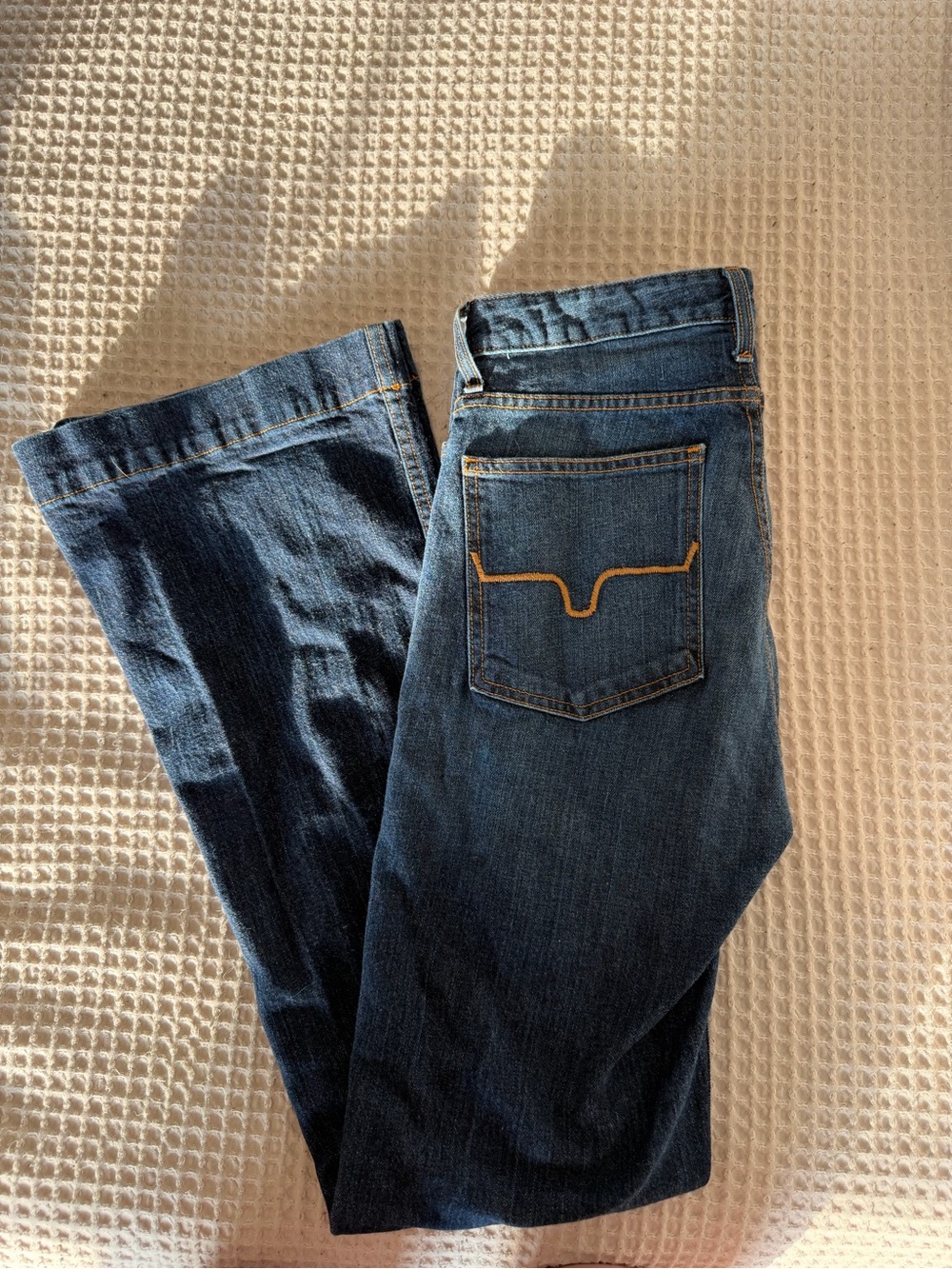Kimes Ranch Dark Blue Wide Leg Jeans with Gold Stitching